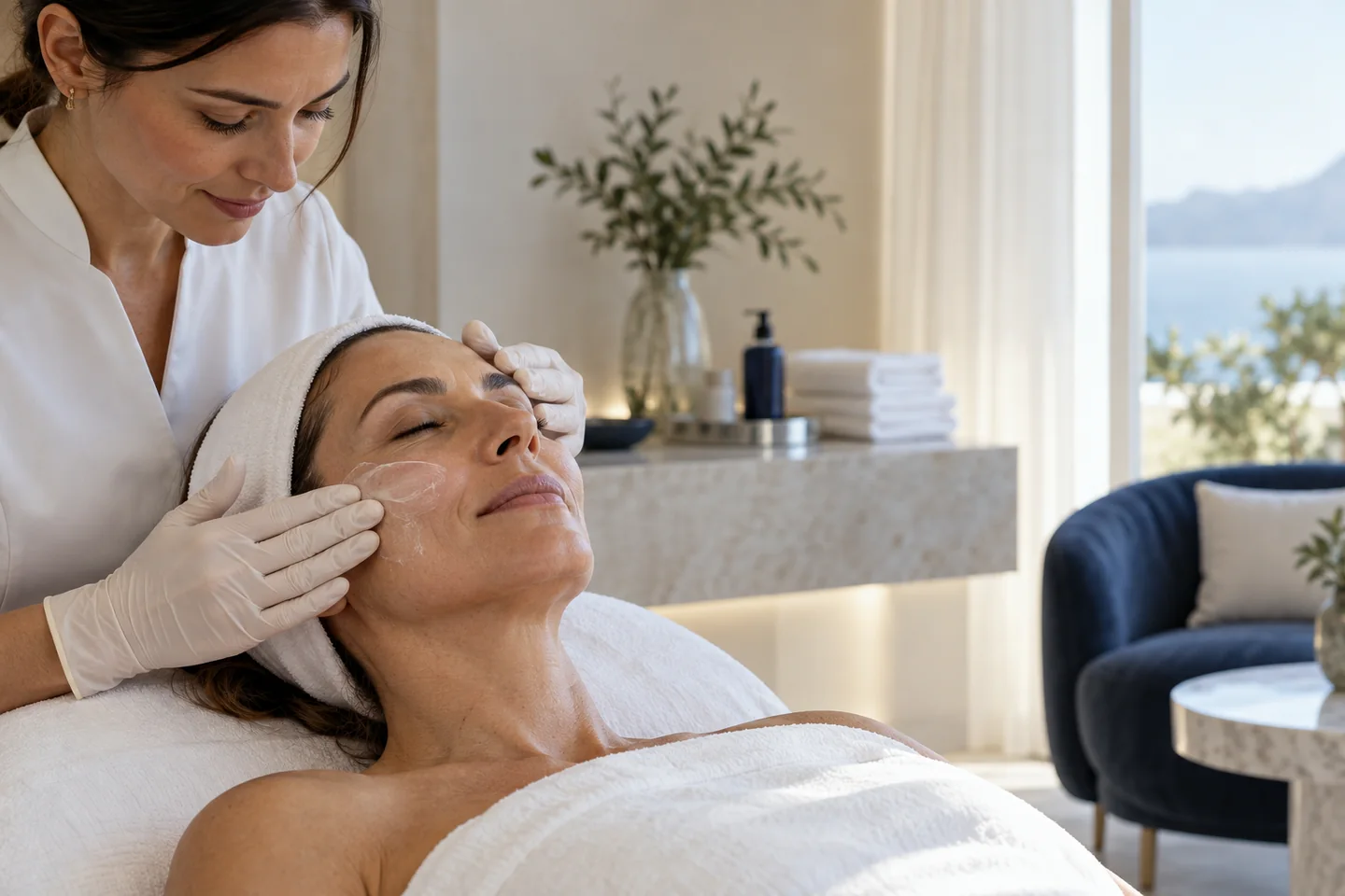 Profissional acolhe uma cliente durante um cuidado facial em uma sala clara.
